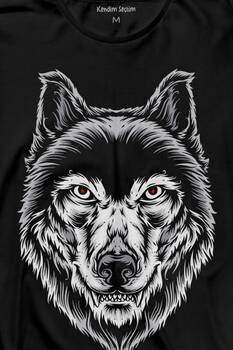 Kırmızı Gözlü Vahşi Kurt Kafası Wolf Head Bozkurt Uzun Kollu Tişört Baskılı T-Shirt