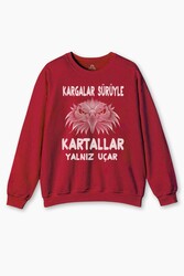 Kırmızı Sweat Kargalar Sürüyle Kartallar Yalnız Uçar Eagle Kartal Kışlık Erkek Sweatshirt - Thumbnail