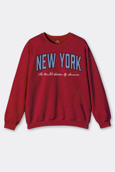 Kırmızı Sweat New York City America Şehir Yazı Baskılı Sweatshirt - Thumbnail