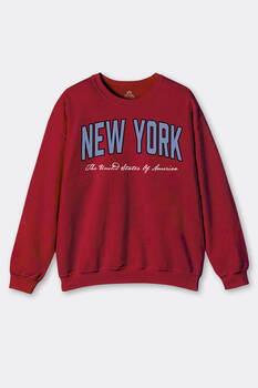 Kırmızı Sweat New York City America Şehir Yazı Baskılı Sweatshirt