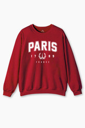 Kırmızı Sweat Paris France Fransa Şehir Yazı Baskılı Şardonlu Yumuşak Sweatshirt - Thumbnail