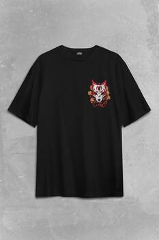 Kitsune Mask Japanese Japon Kültür Sırt Ön Baskılı Oversize Tişört Unisex T-Shirt