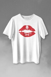 Korsan Skull Kuru Kafa Dudak Öpücük Kiss Me Baskılı Tişört Unisex T-shirt - Thumbnail