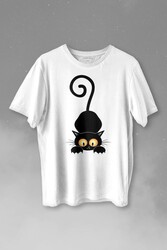 Küçük Sevimli Yavru Siyah Kedi Düşünceli Hayvan Baskılı Tişört Unisex T-shirt - Thumbnail