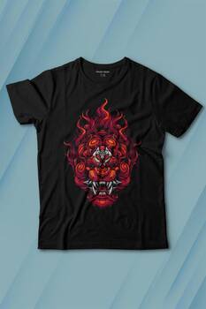 Lion Fire Head Aslan Japan Maske Baskılı Tişört Çocuk T-shirt