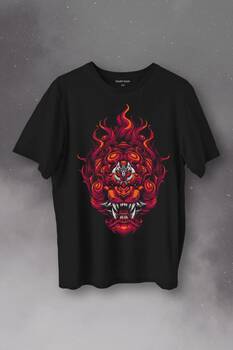 Lion Fire Head Aslan Japan Maske Baskılı Tişört Unisex T-Shirt