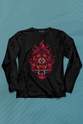 Lion Fire Head Aslan Japan Maske Uzun Kollu Tişört Baskılı T-Shirt - Thumbnail