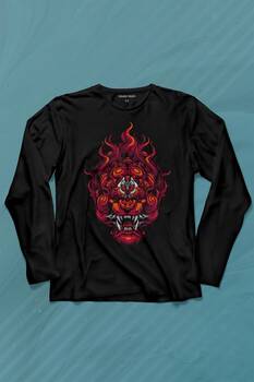 Lion Fire Head Aslan Japan Maske Uzun Kollu Tişört Baskılı T-Shirt