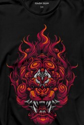 Lion Fire Head Aslan Japan Maske Uzun Kollu Tişört Baskılı T-Shirt - Thumbnail