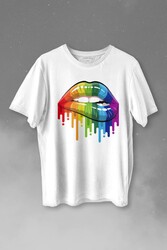 Lips Rainbow Dudak Gökkuşağı Baskılı Tişört Unisex T-shirt - Thumbnail