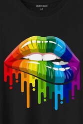 Lips Rainbow Dudak Gökkuşağı Baskılı Tişört Unisex T-Shirt - Thumbnail