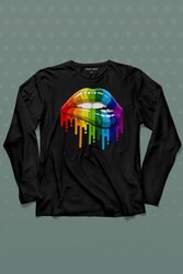 Lips Rainbow Dudak Gökkuşağı Uzun Kollu Tişört Baskılı T-Shirt - Thumbnail