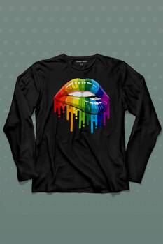 Lips Rainbow Dudak Gökkuşağı Uzun Kollu Tişört Baskılı T-Shirt