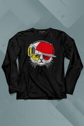 Long Sleeve T-shirt Cat Glasses Gözlüklü Sarı Kırmızı Kedi Uzun Kollu Tişört Baskılı T-Shirt - Thumbnail