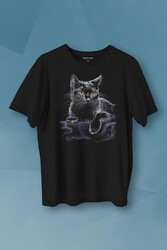 Mor Battaniye Üstünde Uzanan Sevimli Kedi Black Cat Baskılı Tişört Unisex T-shirt - Thumbnail