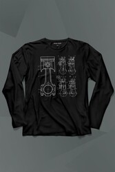 Motor Pistonu Motosiklet Teknik Çizim Grafik Uzun Kollu Tişört Baskılı T-Shirt - Thumbnail