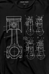 Motor Pistonu Motosiklet Teknik Çizim Grafik Uzun Kollu Tişört Baskılı T-Shirt - Thumbnail