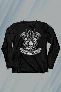 Motorcycle Skull Ride Forever Motosiklet Uzun Kollu Tişört Baskılı T-Shirt