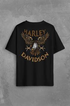 Motosiklet Harley Motor Eagle Head Kartal Sırt Ön Baskılı Oversize Tişört Unisex T-Shirt