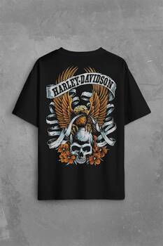 Motosiklet Harley Motor Eagle Head Kartal Sırt Ön Baskılı Oversize Tişört Unisex T-Shirt