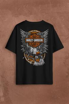 Motosiklet Harley Motor Live To Ride Kartal Sırt Ön Baskılı Oversize Tişört Unisex T-Shirt