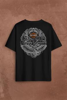 Motosiklet Harley Motor Orange Bar Kartal Logo Sırt Ön Baskılı Oversize Tişört Unisex T-Shirt