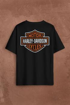 Motosiklet Harley Motor Orange Bar Kartal Logo Sırt Ön Baskılı Oversize Tişört Unisex T-Shirt