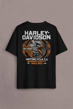 Motosiklet Harley Motor Orange Bar Shield Black Sırt Ön Baskılı Oversize Tişört Unisex T-Shirt