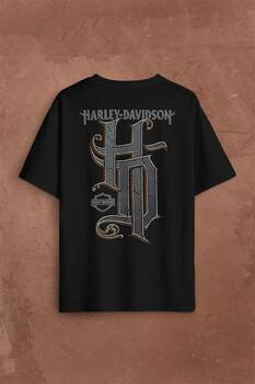 Motosiklet Harley Motor Orange Bar Shield Black Sırt Ön Baskılı Oversize Tişört Unisex T-Shirt