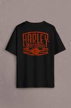 Motosiklet Harley Motor Orange Bar Shield Black Sırt Ön Baskılı Oversize Tişört Unisex T-Shirt