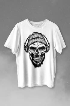 Müzik Dinleyen Bereli Kuru Kafa Kulaklık Bere Skull Listen Music Baskılı Tişört Unisex T-shirt