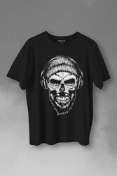 Müzik Dinleyen Bereli Kuru Kafa Kulaklık Bere Skull Listen Music Baskılı Tişört Unisex T-Shirt - Thumbnail