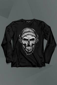 Müzik Dinleyen Bereli Kuru Kafa Kulaklık Bere Skull Listen MusicUzun Kollu Tişört Baskılı T-Shirt