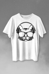 Müzik Dinleyen Kulaklık Kedi Cat Music Baskılı Tişört Unisex T-shirt - Thumbnail