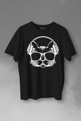 Müzik Dinleyen Kulaklık Kedi Cat Music Baskılı Tişört Unisex T-Shirt - Thumbnail