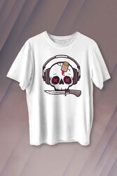 Müzik Dinleyen Kuru Kafa Kulaklık Bıçak Yara Bandı Skull Baskılı Tişört Unisex T-shirt - Thumbnail