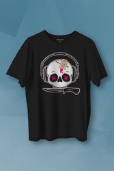 Müzik Dinleyen Kuru Kafa Kulaklık Bıçak Yara Bandı Skull Baskılı Tişört Unisex T-shirt - Thumbnail