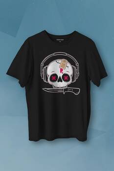 Müzik Dinleyen Kuru Kafa Kulaklık Bıçak Yara Bandı Skull Baskılı Tişört Unisex T-shirt