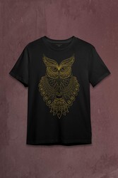 Owl Baykuş Silüeti.Calligraphy Çizim Baskılı Tişört Unisex T-shirt - Thumbnail