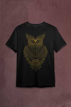 Owl Baykuş Silüeti.Calligraphy Çizim Baskılı Tişört Unisex T-shirt