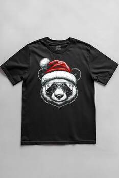 Panda Santa Noel Şapkası Baskılı Tişört Funny New Year Yeni Yıl Yılbaşı T-shirt Unisex