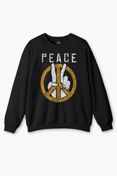 Peace Freedom Özgürlük Yazı Baskılı Siyah Unisex Sweat Baskılı Sweatshirt - Thumbnail