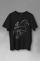 Piyano Başında Romantik Müzik Aşkı Müzikal Aşıkları Baskılı Tişört Unisex T-Shirt - Thumbnail