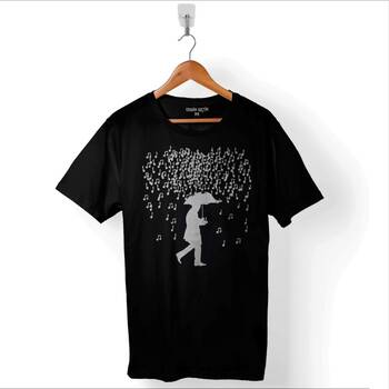 Playing Music In The Rain Nota Yağmuru Şemsiye Baskılı Tişört Unisex T-Shirt