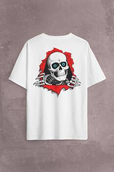 Powell Peralta Skull Kuru Kafa Skeleton Mavi Göz Sırt Ön Baskılı Oversize Tişört Unisex T-Shirt