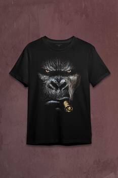 Puro İçen Şempanze Monkey Goril Maymun Baskılı Tişört Unisex T-shirt