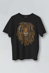 Rasta Lion Reggae Music Aslan Kulaklık Baskılı Unisex Siyah Tişört - Thumbnail