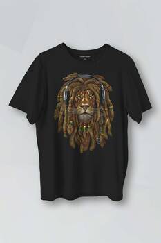 Rasta Lion Reggae Music Aslan Kulaklık Baskılı Unisex Siyah Tişört 