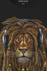 Rasta Lion Reggae Music Aslan Kulaklık Baskılı Unisex Siyah Tişört - Thumbnail