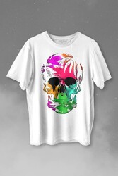 Rengarenk Kafatası Skull Head Gökkuşağı Renkleri Baskılı Tişört Unisex T-shirt - Thumbnail